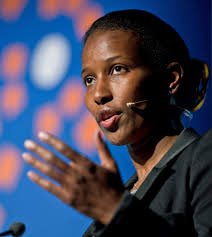 Aayan Hirsi Ali with microphone address audience